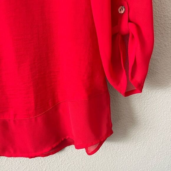 Express Bold Red Half Button Up Chiffon Blouse - Picture 2 of 6